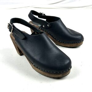Troentorp Mule Wooden Clogs Black Leather — Size 7 / EU 38